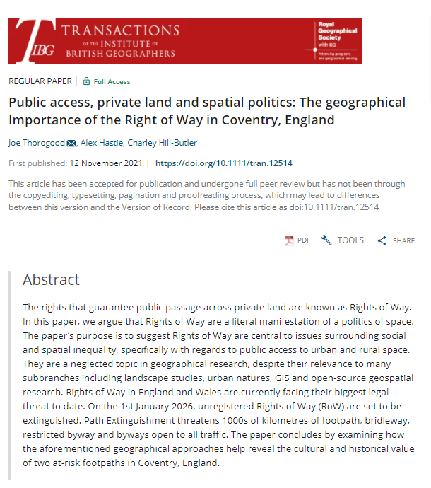 New in #TIBG: 'Public access, private land and spatial politics: The geographical Importance of the Right of Way in Coventry, England' by Joe Thorogood,<a href="/hastie_PhD/">Alex Hastie</a>, and <a href="/CHillButler/">Charley Hill-Butler</a> (<a href="/CovGeography/">GeographyCovUni</a>):  doi.org/10.1111/tran.1…