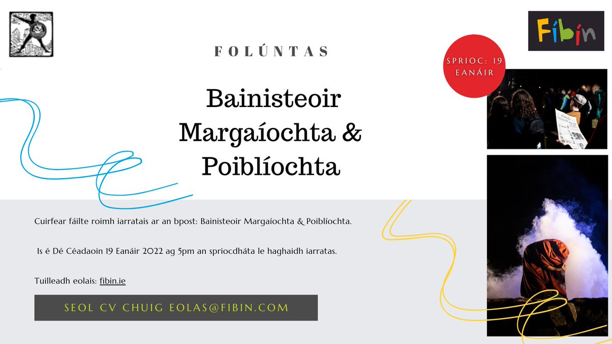 AnTaibhdhearc's tweet photo. 📣 Folúntas 📣

An bhfuil sárscileanna cumarsáide agus Gaeilge líofa agat? An bhfuil taithí agat ag obair in earnáil na margaíochta? Ar mhaith leat teacht ag obair linn? Seo do sheans! 😄

Tuilleadh eolais ag: https://t.co/JbeCSmnTyn  @FibinTeo https://t.co/QzLQA8AfoP