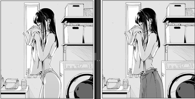 1巻の単行本修正で言うとこの辺りが一番違うかも。
他にも電子配信では描いてなかったパンツが見えたり見えなかったりと……。 