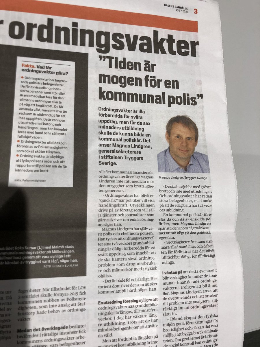 Stort uppslag i <a href="/dagenssamhalle/">DAGENS SAMHÄLLE</a> om kommunala ordningsvakter. Det är en verksamhet vi bedrivit med framgång i mer än fyra år nu, och som <a href="/erikpelling/">Erik Pelling</a> berättar i artikeln så jobbar de nära socialtjänsten och ”…fyller … ett tomrum och har blivit ett komplement till polisen”.
