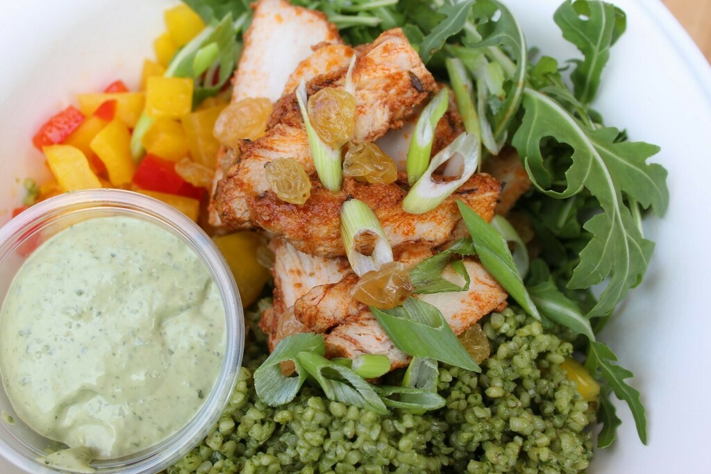 Freshly made this morning - Hot Stuff Chicken, Rocket, Bulgar Wheat, Pesto, Mixed Peppers, Golden Raisins, Aioli - lots of lighter options here at Meltdown! 😍 instagr.am/p/CWsp7r9LRyT/