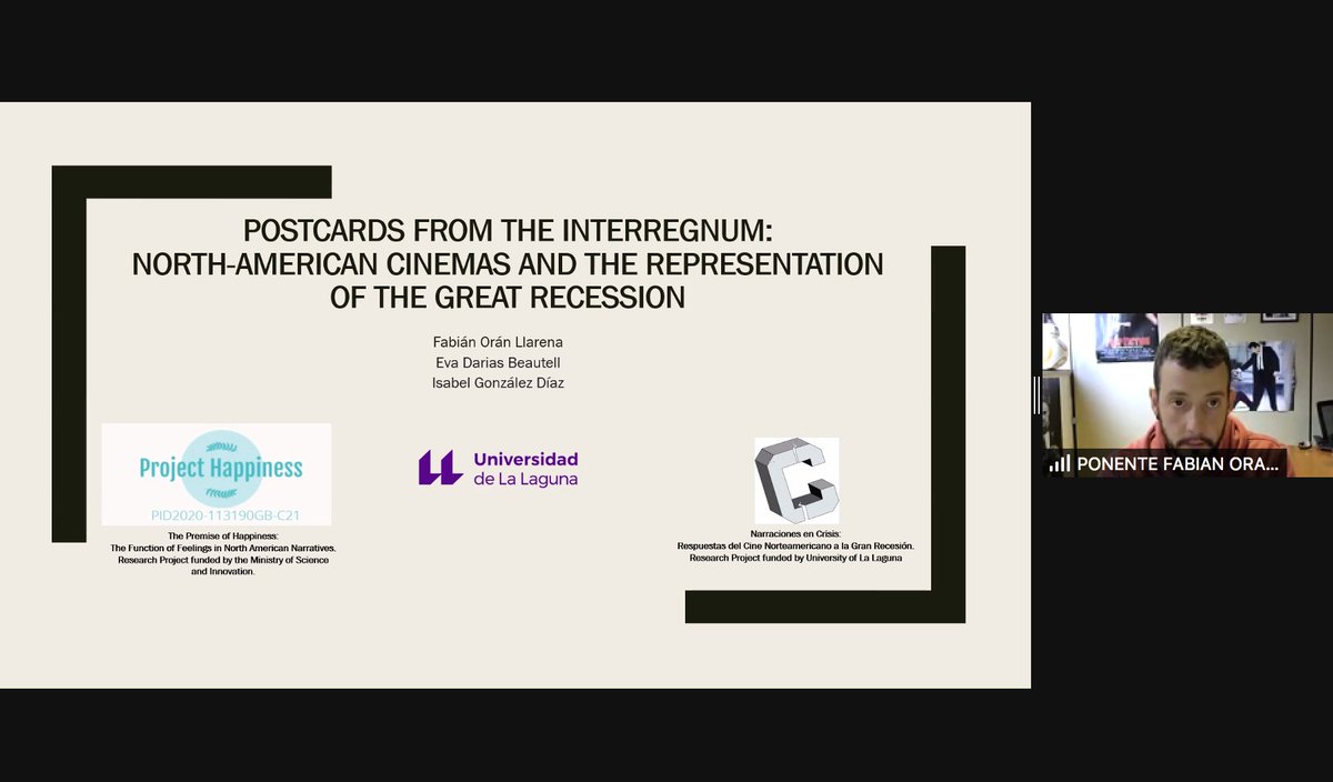 This #WriteAmStudies Thursday I'm attending the 44th AEDEAN conference <a href="/aedean2021/">AEDEAN2021</a> where I presented yesterday. Great panels &amp; talks so far!! ~ At the moment at the round table: "Postcards from the Interregnum: North-American Cinemas and the Representation of the Great Recession"
