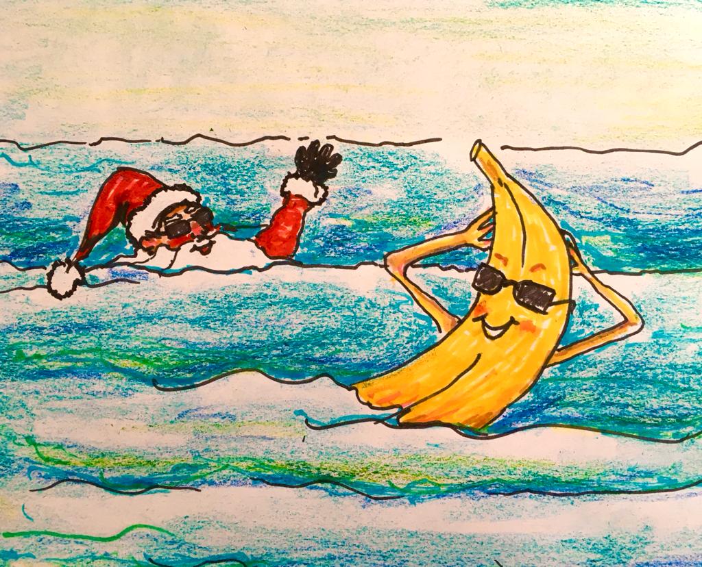 FightingWordsIE's tweet photo. It's beginning to be that time of year...in today's #TimeCapsule primary school story from Dublin, Santa goes to Hawaii with his best friend Gerald the Banana. 
But what happens when he mis-reads the note pinned to his teddy bear?
@DeptCulturelRL #100yearsproject #writetoright https://t.co/efJkBqeMci