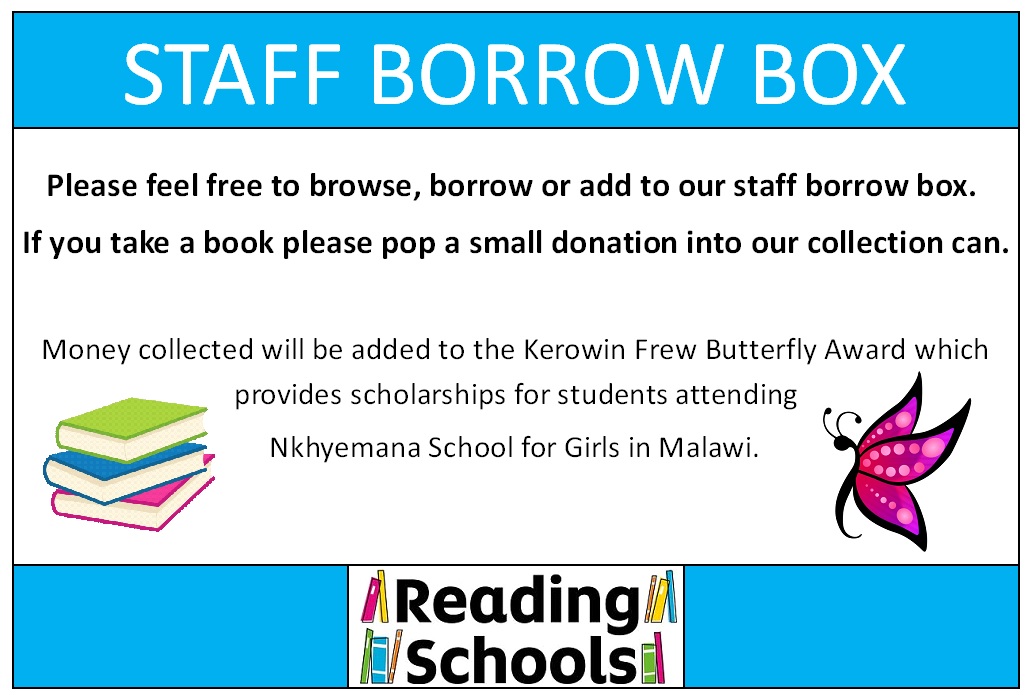 <a href="/AirdrieAcademy/">AirdrieAcademy</a> staff are invited to browse, borrow or add to our staff borrow box. Included in the collection are some children's books. If you take a book, please pop a small donation into our collection can. All proceeds will be added to the Kerowin Frew Butterfly Award 🦋📚