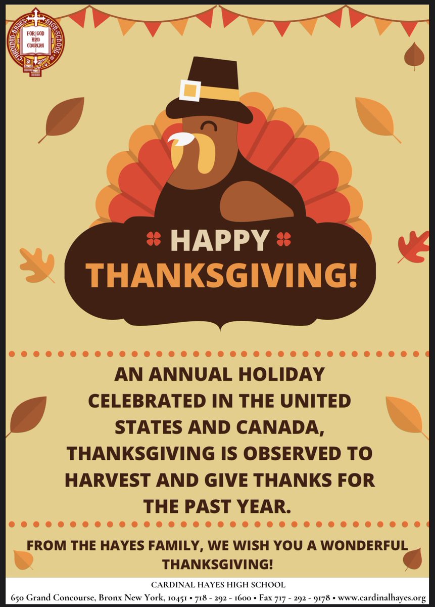 CardinalHayes's tweet photo. Happy Thanksgiving from the Cardinal Hayes family. Have a blessed day with your families. The Turkey Bowl starts at 10:30 and can be viewed online at : https://t.co/yEZIV4cREo #BeatTheMount #UpHayes #Thanksgiving2021 https://t.co/3emWxmI9Uz