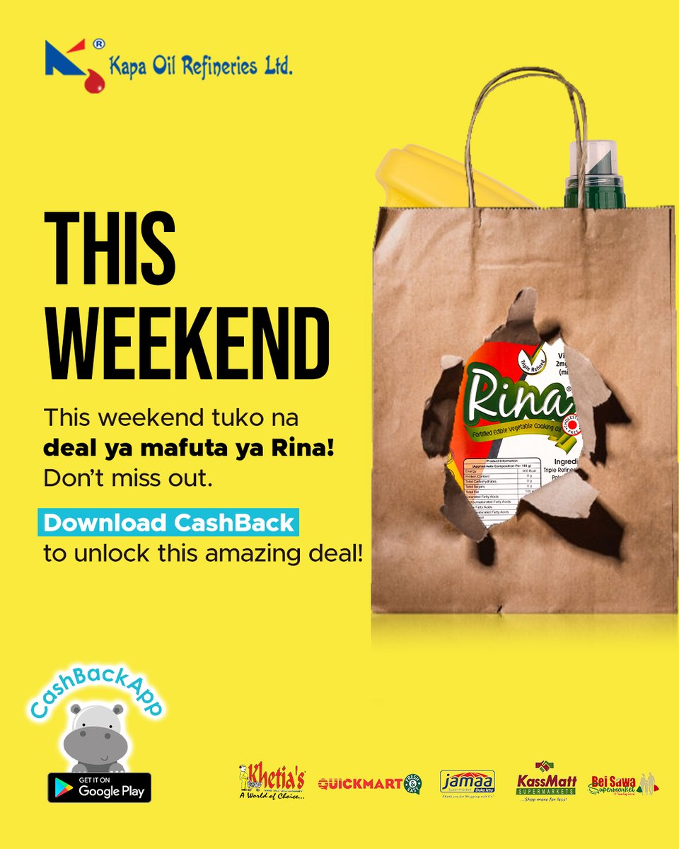 CashBackApp_Ke's tweet photo. Healthy cooking for your family starts
with @RinaOil. To download
@CashBackApp_Ke  and get this offer ahead of
everyone, just click https://t.co/xS59Ah44eX !
#NovemberDeals #liquidtothelastdrop
#CashBackKenya https://t.co/msPwzNhUsH