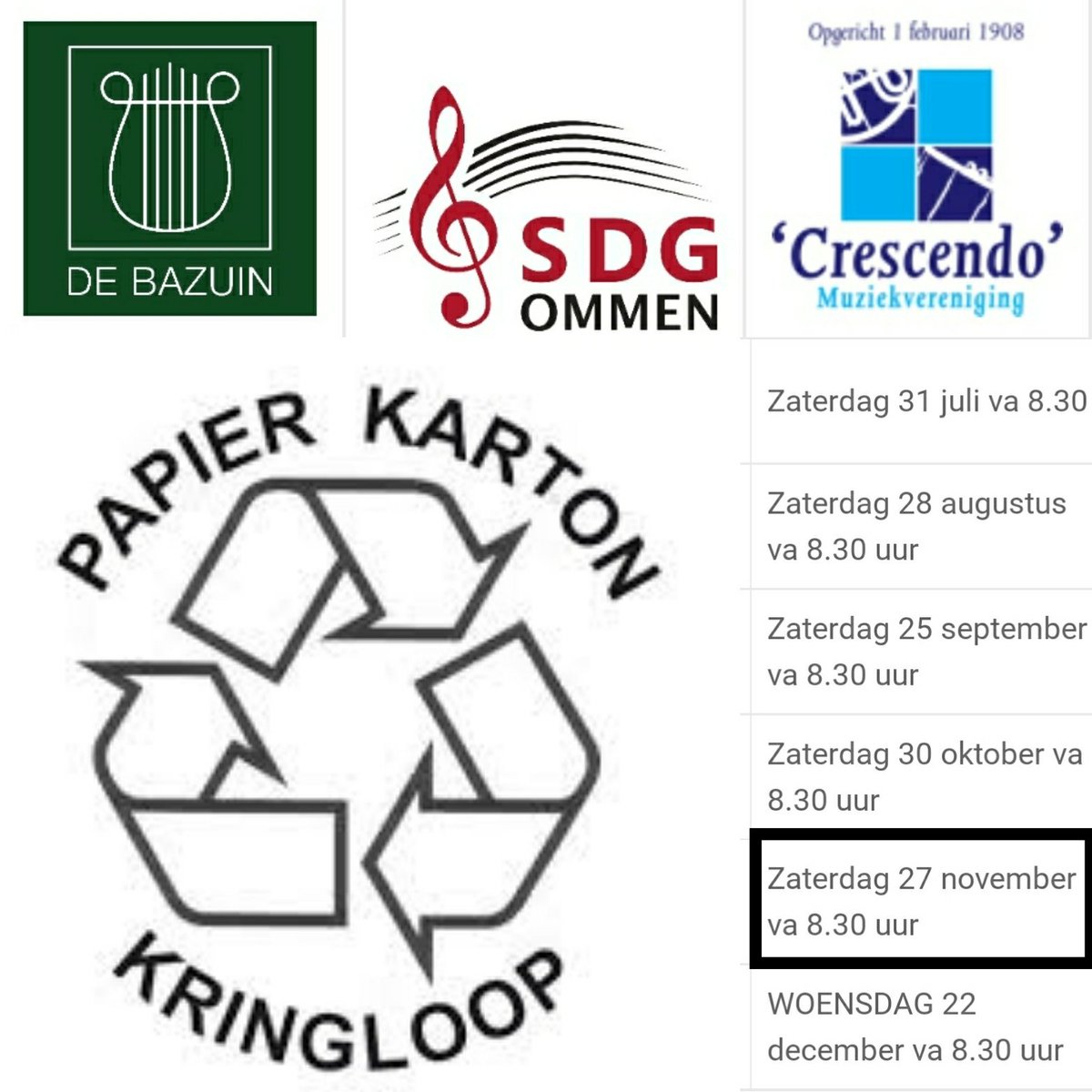 Zaterdag 27 november komen <a href="/DeBazuinOmmen/">DeBazuinOmmen</a>, <a href="/CrescendoOmmen/">Crescendo-Ommen</a> en <a href="/sdgOmmen/">SDG Ommen</a> vanaf 08.30 uur weer uw oud papier ophalen in de bebouwde kom van #Ommen (uitgezonderd de Strangen en ten zuiden van het spoor).

Let op: de volgende keer is op woensdag 22 december ivm de feestdagen.