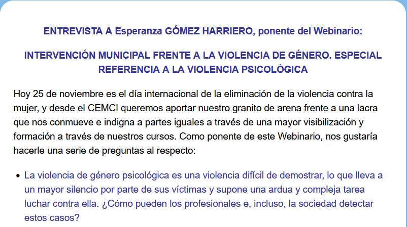 cemcigranada's tweet photo. En el Día Internacional de la Eliminación de la Violencia contra la Mujer, os traemos una interesante entrevista a Esperanza GÓMEZ HARRIERO, en pro de una mayor  formación a un problema que nos atañe a todos y donde las EE.LL tienen un papel fundamental. 
https://t.co/5j5XxhXeXz https://t.co/O3W6i8qTTv