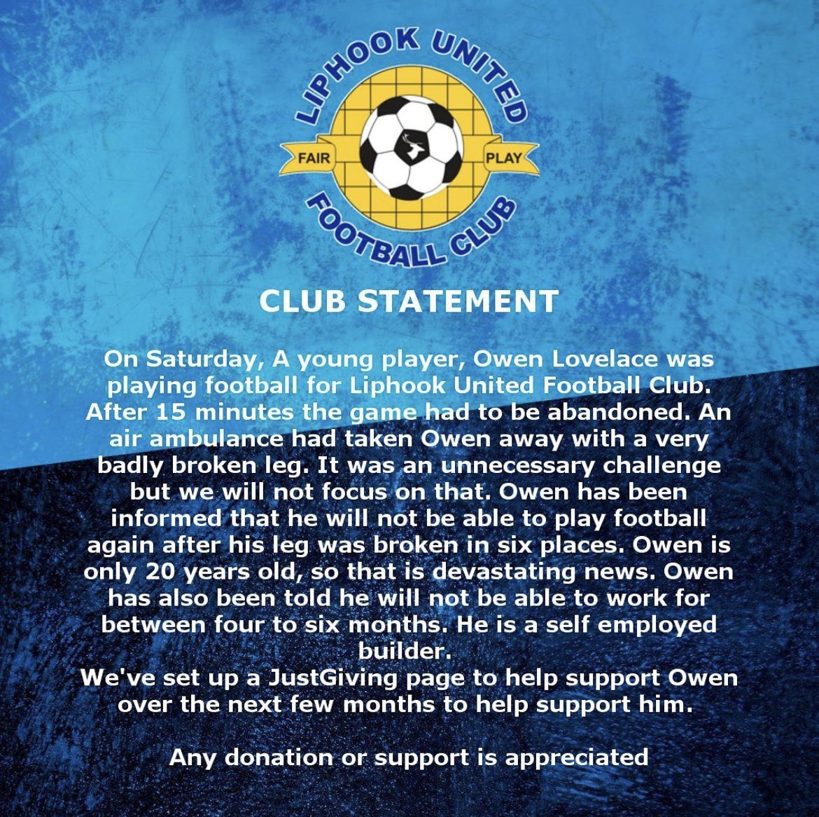 BLiphook_FC's tweet photo. @surreyfa I hope the player and club at fault are dealt with in the correct and serious manner that warrants what the type of tackle that was done to poor Owen https://t.co/awi90BcHdx