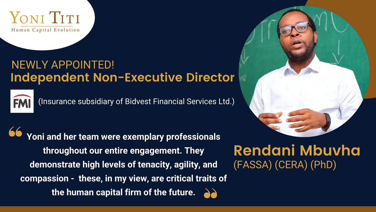 YoniTiti's tweet photo. Join us in congratulating Dr. Rendani Mbuvha for his newly appointed role as Independent Non-Executive Director at FMI! We wish you well in your new role @rendx https://t.co/6iRoErBRZm