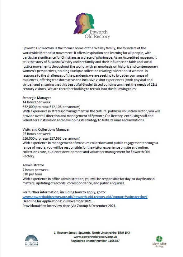 MethodistHerit's tweet photo. Looking for a new role, why not check out these opportunities at Epworth Old Rectory, a wonderful Methodist Heritage location - childhood home of John and Charles Wesley. 
#Lincolnshire #JobOpportunity #MethodistHeritage #Methodist https://t.co/0rNnLgpbVK