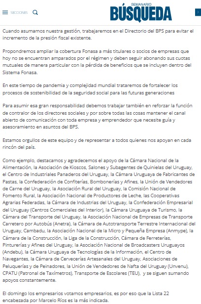 "Llegamos a esta instancia sin compromisos políticos, solo con el apoyo del empresariado, al cual nos comprometemos defender y acompañar". 
📨Compartimos carta de <a href="/GuzmanBarreiro/">Guzman Barreiro</a>, integrante por #CIU de @eleccionesbps22, publicada en <a href="/BUSQUEDAonline/">BÚSQUEDA</a> . 
🔗bit.ly/3cMXGYZ