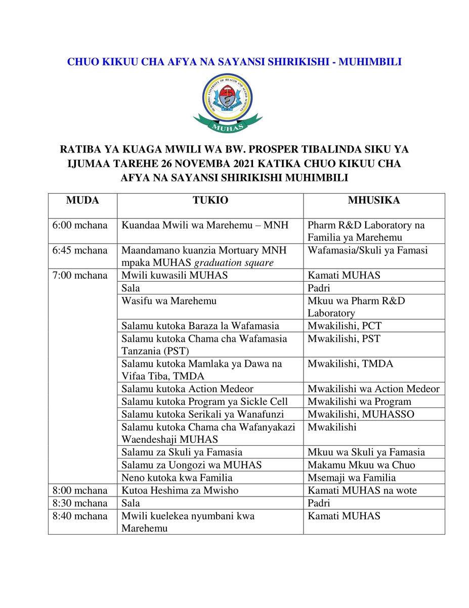 The program for the Prosper Tibalinda's Last Respect Service at MUHAS