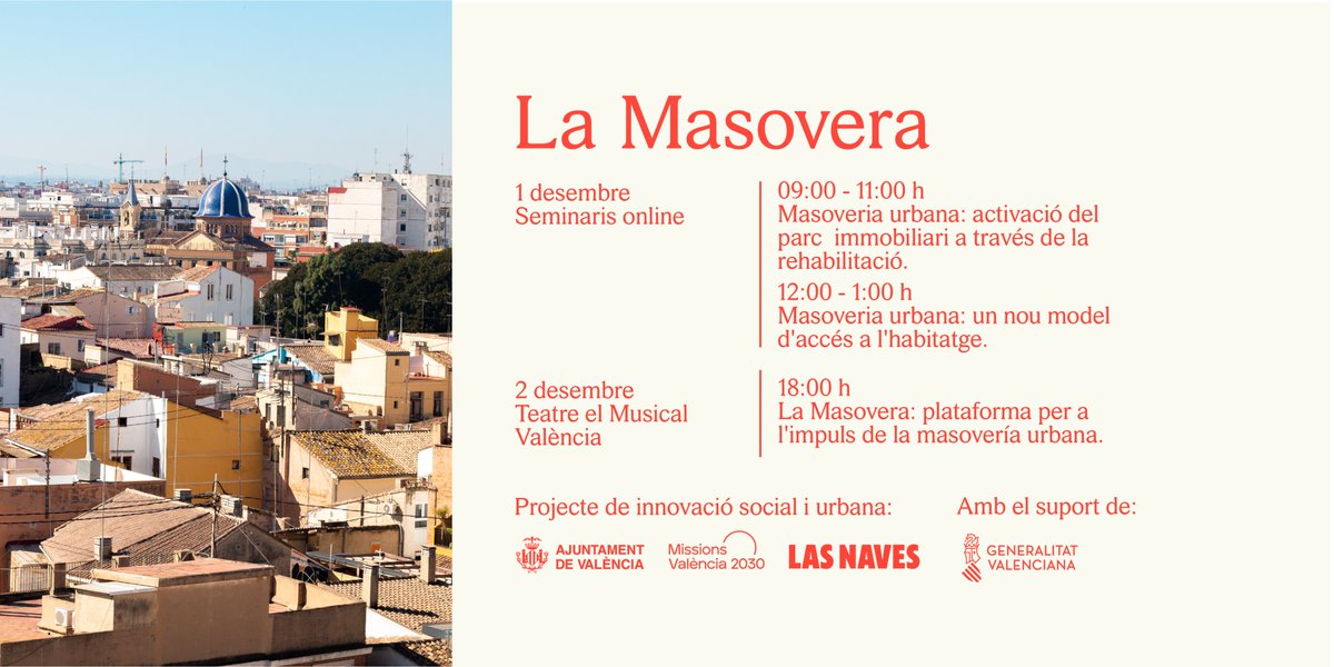 lamasoveraorg's tweet photo. 📆 1 de desembre. Una jornada de seminaris online, per a donar a conéixer i fer realitat la masoveria urbana com a alternativa d'accés a l'habitatge. 

🤗Vos esperem!  

✍️Inscripció gratuïta: https://t.co/kT8bLiScLN  

@GVAvicepres2n @LasNavesINN https://t.co/VDZetfph03
