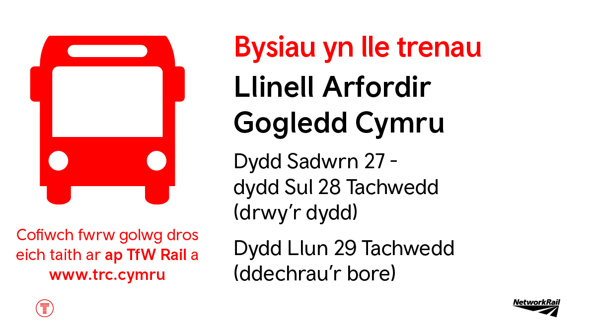 🛠️Gwaith peirianyddol.
Dydd Sadwrn 27 - dydd Sul 28 Tachwedd (drwy'r dydd)
Dydd Llun 29 Tachwedd (ddechrau'r bore)

🚍Bysiau yn rhedeg yn lle trenau rhwng:
Llinell Arfordir Gogledd Cymru

ℹ️ Gwiriwch eich taith: 
trc.cymru/statws-gwasana…