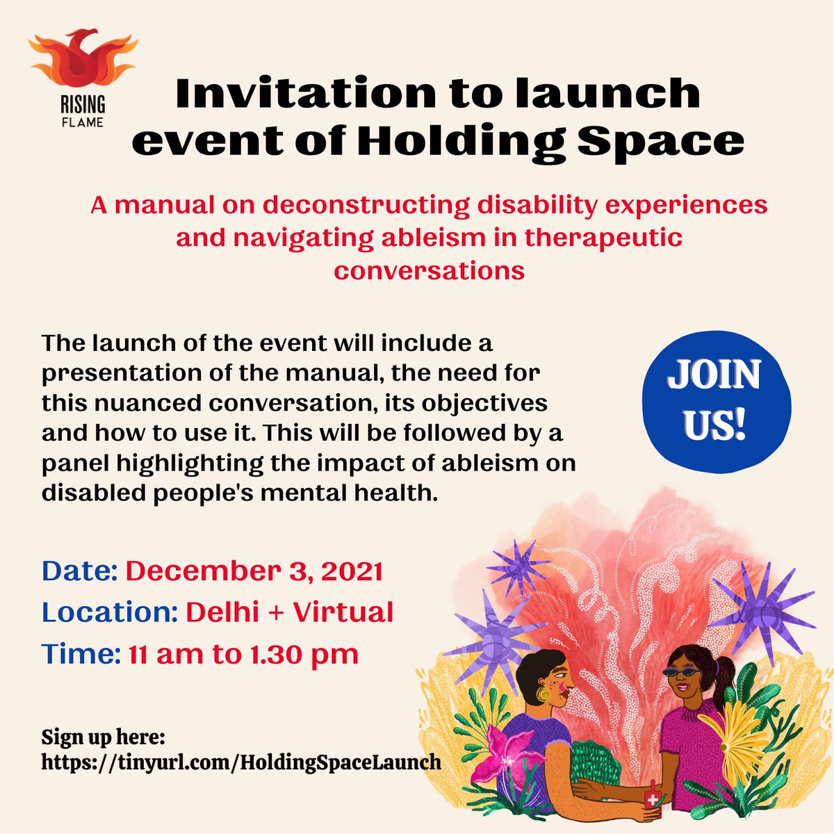 On International Day of Persons with Disabilities, we will launch a one of a kind self-learning manual: Holding Space - Deconstructing disability experiences and navigating #ableism in therapeutic conversations. Sign up here: tinyurl.com/HoldingSpaceLa…

artwork by <a href="/sonakshaiyengar/">Sonaksha</a>