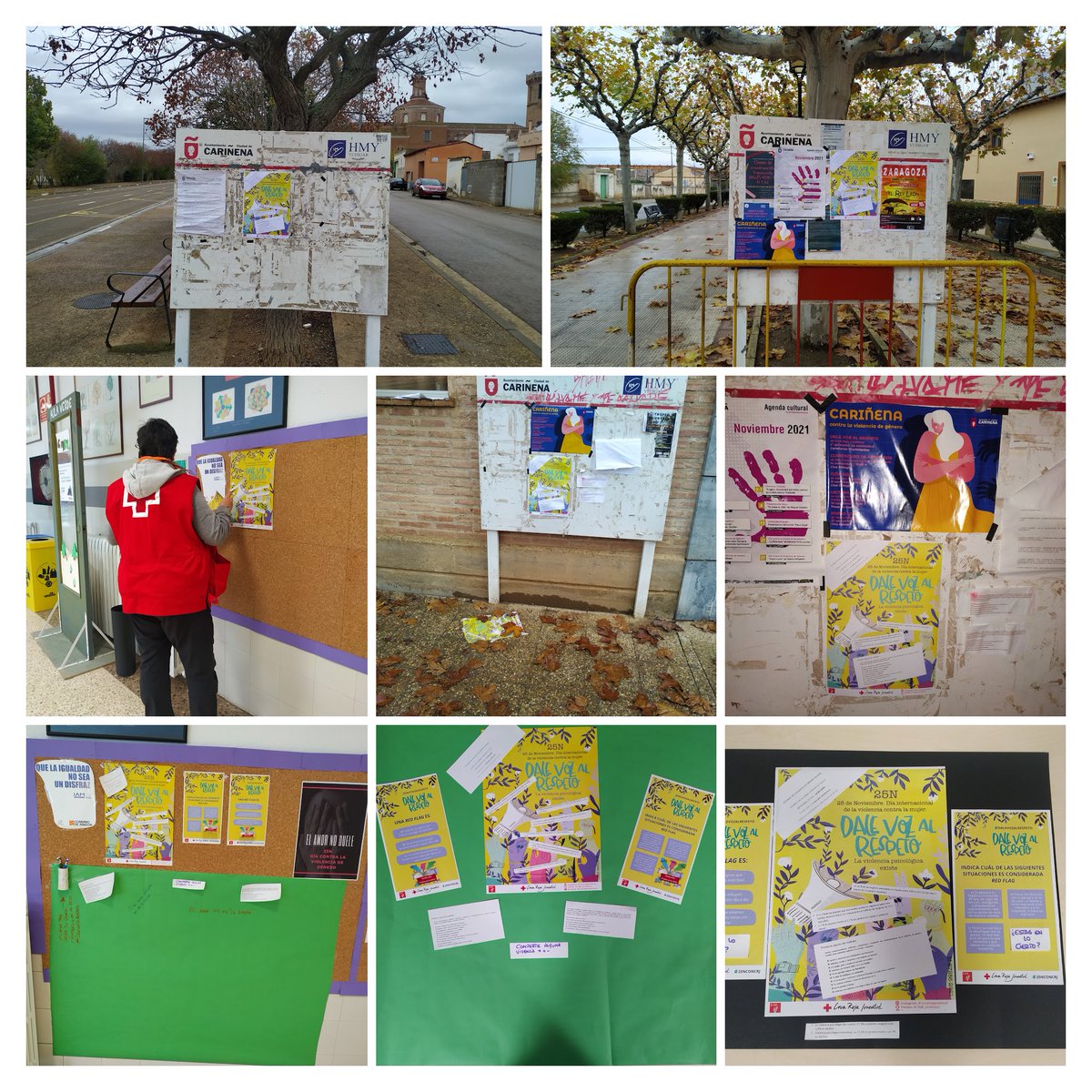 CRECarinena's tweet photo. [#DaleVozAlRespeto] 

El #Voluntariado coloca carteles en distintos lugares para dar visibilizar a que la #violenciapsicológica existe y que desde el respeto se consigue crear relaciones sanas. 
La violencia que no se ve, pero existe.
#25N  
@CruzRojaEsp #CRJ @CRE_Juventud https://t.co/fBGtyFsdX5
