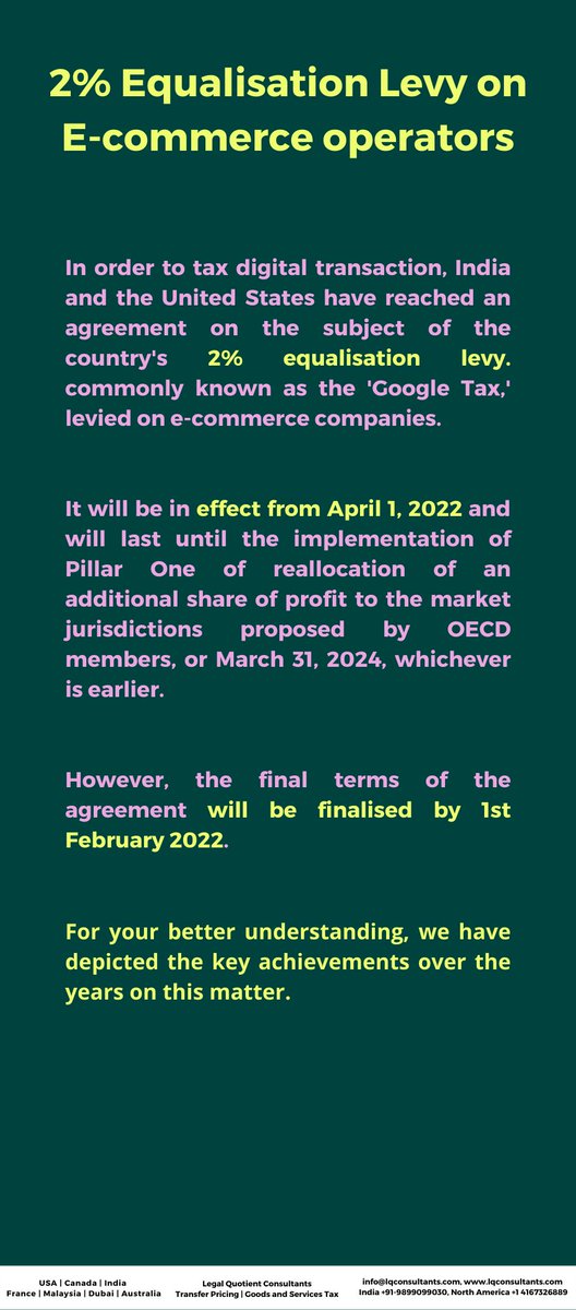 QuotientLegal's tweet photo. US and India settled on the issue of a 2 percent equalisation levy, one of the pillars of the Two-Pillar solution to address the tax challenges arising from the digitalisation of the economy.
#oecdtax #transferpricing #internationaltaxation #USA 
@cauditgupta 
@CARaghavG https://t.co/sjyD7iw0MP