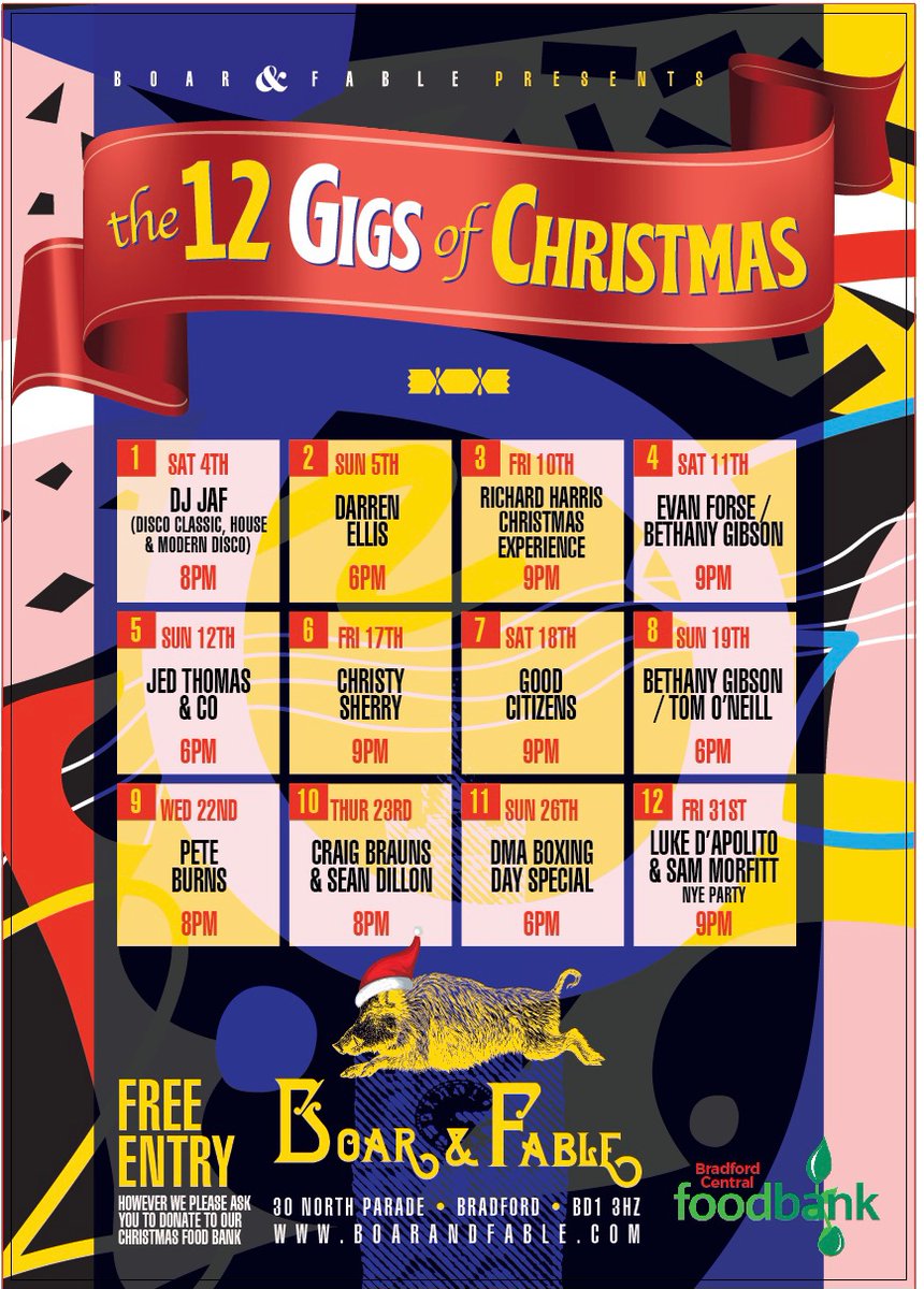 We are so excited to be sharing this with you all, we’ve gone a bit overboard for Christmas! 12 live music events in December supporting local grassroots music &amp; Bradford Central Foodbank ❤️