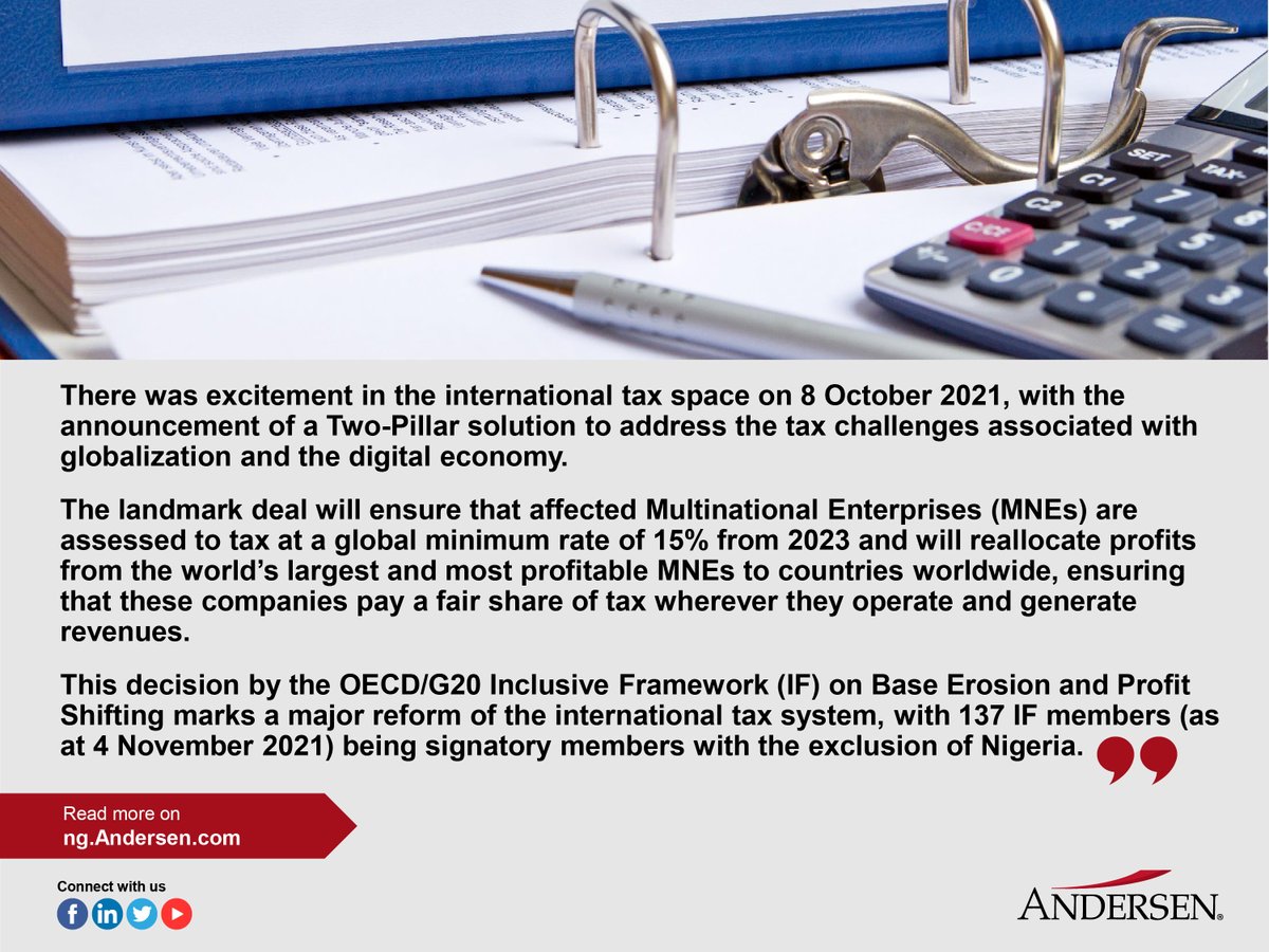 AndersenNigeria's tweet photo. In this article, we have summarized the Two-Pillar solution and evaluated the implications from a Nigerian perspective.
https://t.co/F8atDfyhBx
#taxation #digitaleconomy #OECD #globalminimumrate #Nigeria #MultinationalEnterprises https://t.co/vUrQPcuUGP