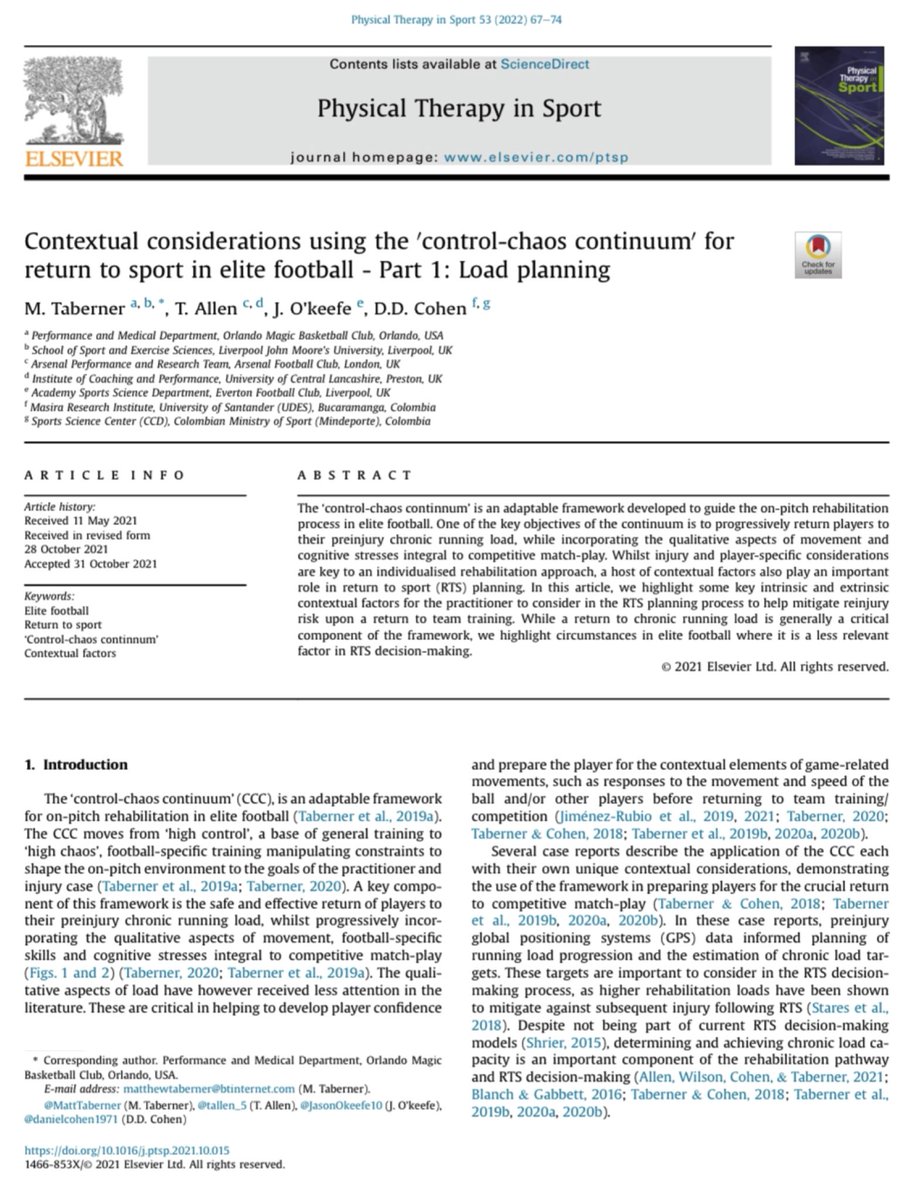 Contextual considerations using the ‘control-chaos continuum’ for return to sport in elite ⚽️ - Part 1: Load planning @PTiSJournal 🚨🔓 authors.elsevier.com/a/1e8OD,XMZMSx…