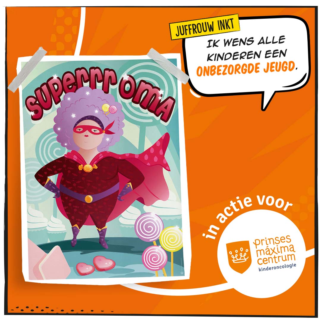 De superheld van Marleen (Juffrouw Inkt) is die van haar kinderen: oma Mieke. "Ik hoop dat haar warmte, en af en toe een snoepje, ook andere kinderen kan helpen.” 🍭 Marleen doet mee omdat ze alle kinderen een onbezorgde jeugd wenst. Bekijk de poster hier: drukwerkdeal.co/32zUput