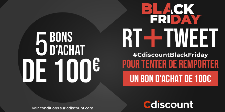 Cdiscount's tweet image. 🎁 #CONCOURS 🎁 

RDV à 18h pour notre live shopping du Black Friday et découvrir nos meilleures offres ➡️ bit.ly/LiveCdiscount

En attendant, tentez de remporter 5x1 bon d'achat de 100€
✔️ Pour cela : RT + TWEET avec #CdiscountBlackFriday
 
⌛ TAS à 18h