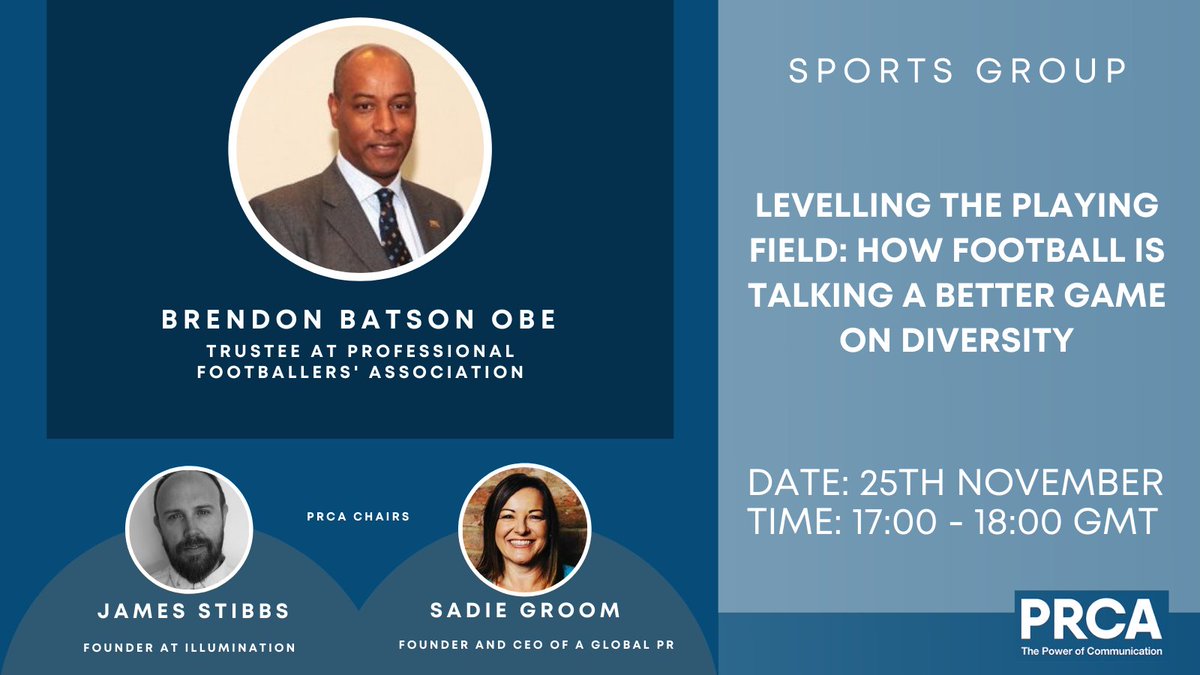 PRCA_HQ's tweet photo. A discussion in sports that will have you at the edge of your seat!
Join us at 5 pm today with Arsenals' first black first-teamer, Brendon Batson OBE. We'll explore football's plans to level the field. #PRCAsports
Book: https://t.co/7S3JkJXCJE | @sadiegroom @DukeJim https://t.co/dnYh0BoQbF