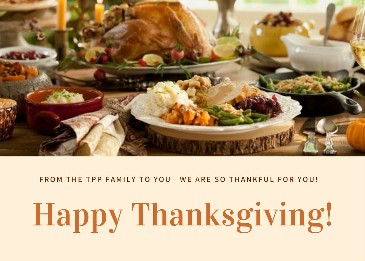 tppsoftware's tweet photo. Happy Thanksgiving from our work family to you! 
Wishing you all the best of this season! May you enjoy it with your family and close friends! 
#HappyThanksgiving #celebrate #cheers #thankful #catering #thanksgivingcatering #events #TPP #teamTPP https://t.co/sZXajv9taT