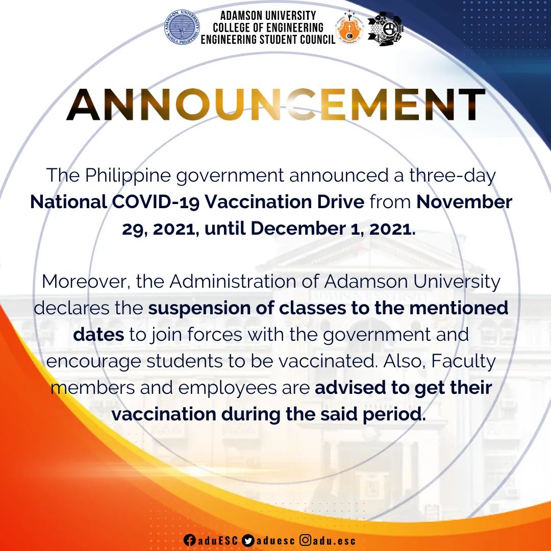 aduesc's tweet photo. #ESConnect
The Adamson University Administration announced its joining forces with the government to the three-day National COVID-19 Vaccination Drive from November 29, 2021, until December 1, 2021.
Get Vaccinated, klasmeyts!
Please be guided accordingly.
#OneCOE
#ESCalate https://t.co/7QHQSqAB6w