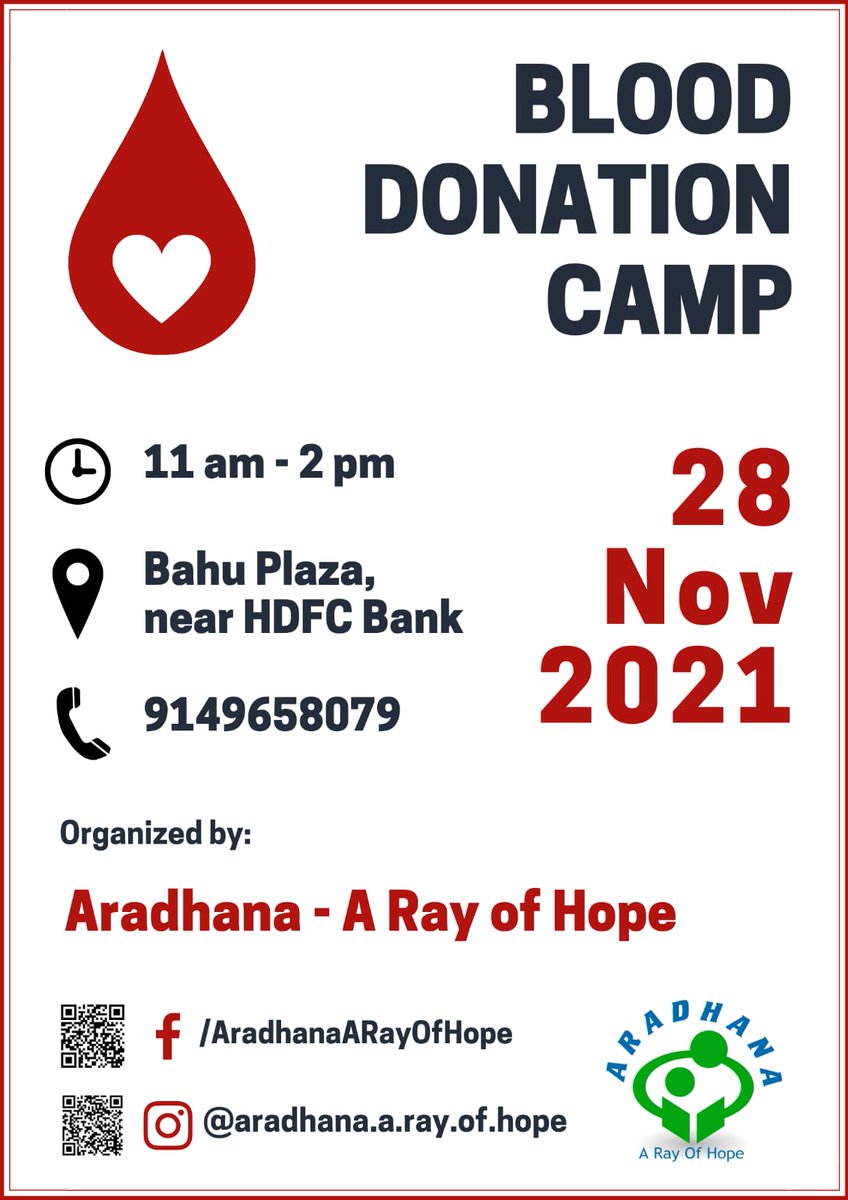 TeamAradhana's tweet photo. 📢 This is a call to all our friends &amp; supporters who have always been there with us. 
AAROH is organizing a Blood Donation Camp &amp; we'd love to see your presence there. 
Your blood could save a life. Let's make a difference!
🗓️ 28 Nov 2021
🕚 11 am - 2 pm
📍 Bahu Plaza https://t.co/jh9gZSl9Mq