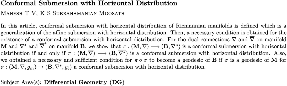 arxiv.org/abs/2111.12501…
M T V, K S S Moosath
Conformal Submersion with Horizontal Distribution