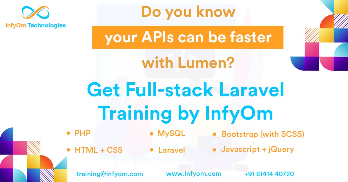 infyom's tweet photo. Do your APIs can be faster with Lumen ?

Get Full-stack Laravel Training by @InfyOm Technologies

#laravel #php #MySQL #bootstrap #html #CSS3 #javascript #jQuery #training #itcompany #infyom #surat https://t.co/n4Ay99vY21