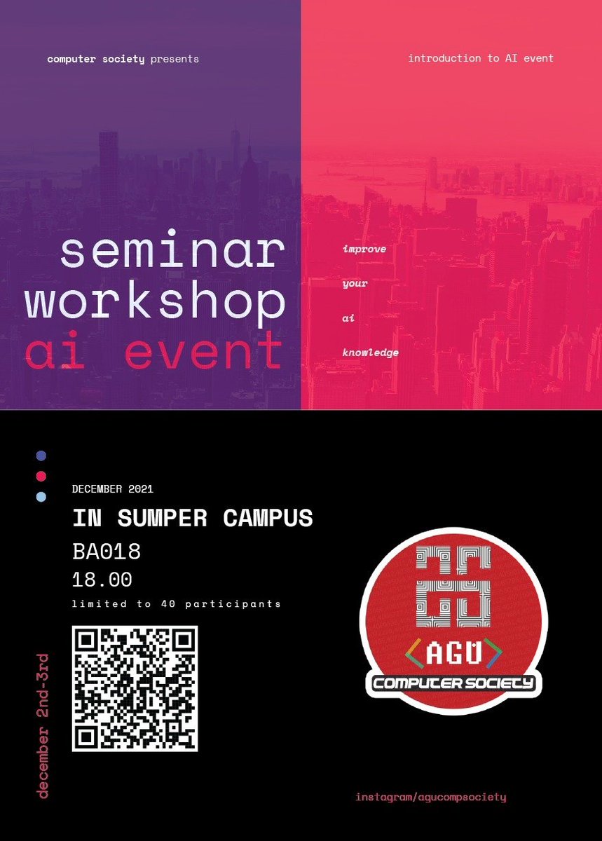 agucompsociety's tweet photo. Hi guys💫 
We are here with a brand new event 🥳
We have prepared an event to explain the concept of AI to you at a basic level.
First day, we are gonna look at AI and AI related concepts. So, you will learn subtopics of AI and their application areas. https://t.co/69HF5ke2s6