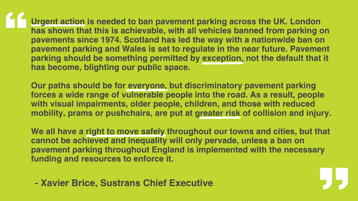 #PavementParking should be the exception, but has become the norm in many places, forcing vulnerable people into the road.🚗 
We're joining @LivingStreets to call for an urgent ban on pavement parking across the whole of the UK. #ReclaimOurPavements👇livingstreets.org.uk/news-and-blog/…