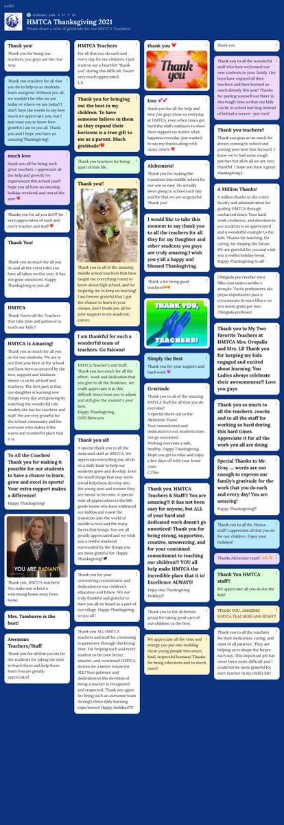 HMTCA families posted notes of thanks to our teachers and staff on our virtual wall of gratitude! HMTCA teachers and staff are more than leaders in their content area-  they truly love and care for our students. <a href="/HartfordSuper/">Dr. Andraé Townsel</a> <a href="/Padlet/">Padlet</a>