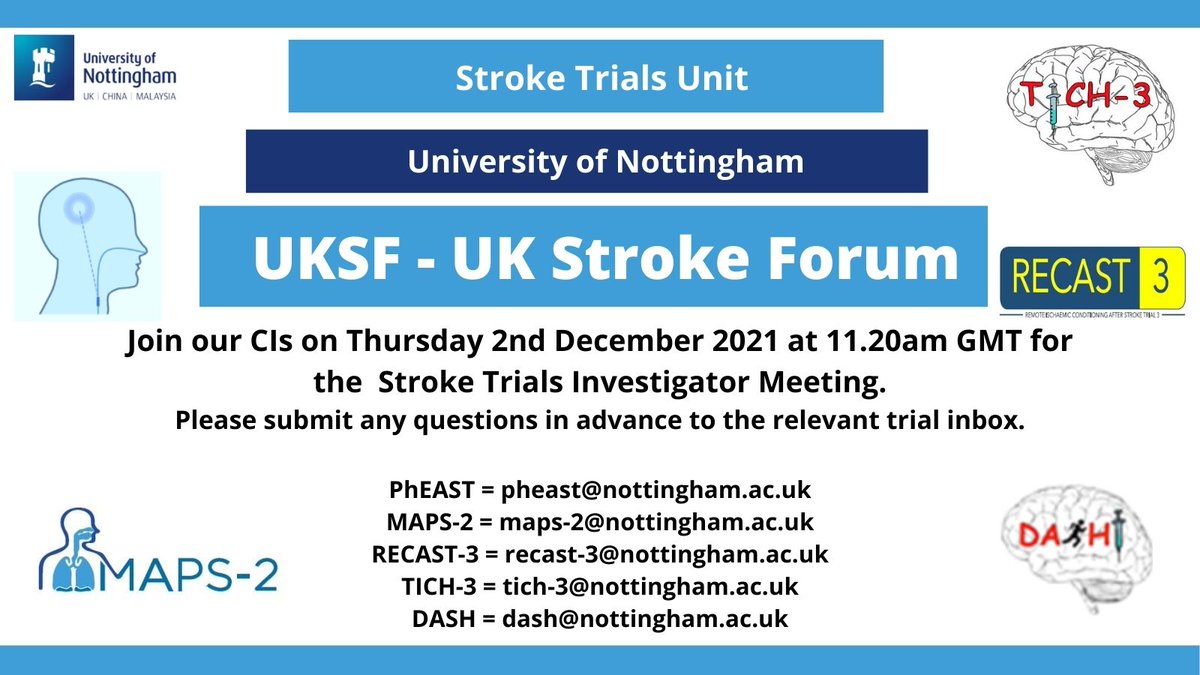 CALLING ALL ATTENDING THE UKSF: Join Prof Niki Sprigg the CI of TICH-3 alongside the 3 other CIs running Stroke Trials at the UoN Stroke Trials Unit. They will be presenting information on the trials and answering all of your burning questions relating to the trials