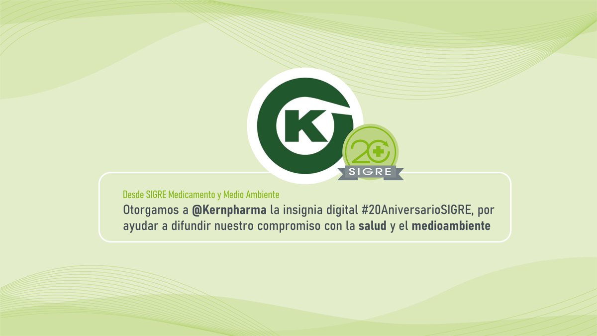 puntosigre's tweet photo. Estimados compañeros de @Kernpharma, nos complace entregartos la insignia digital #20AniversarioSIGRE, en reconocimiento a vuestra ayuda en la difusión digital de nuestro mensaje de compromiso con la #salud y el #MedioAmbiente. ¡Por muchos años más!💚♻️ https://t.co/e2yWLttbSX