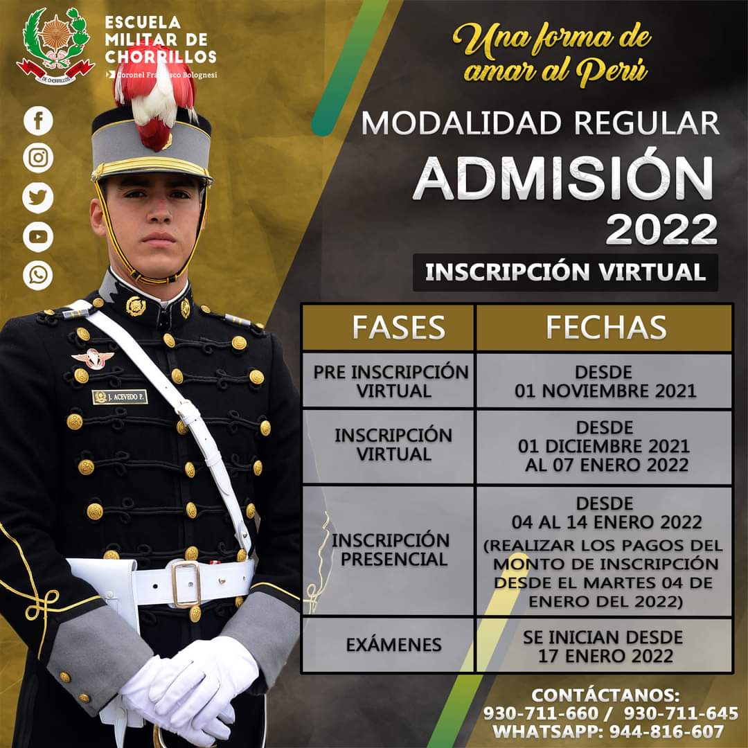 EMCH_CFB_'s tweet photo. Sé un Oficial del Ejército del Perú.
#ADMISIÓN2022
#MODALIDADREGULAR👏
¡Una forma de amar al Perú! 🇵🇪
Contáctanos:
WHATSAPP: 944-816-607
CELULARES: 930-711-660 / 930711645
#EscuelaMilitarDeChorrillosCFB
#UnaformadeamaralPerú
#SéUnOficialDelEjército https://t.co/fYLZi6ejHa
