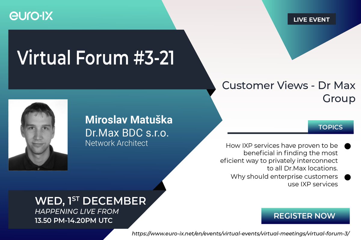 euroix's tweet photo. Introducing the Dr.Max Group, with Miroslav Matuška, who will be talking about their experience using #IXP services as an #enterprise #network @NIX_CZ. Don't miss it! Register: https://t.co/pjST69VBk0
#customerviews #peering https://t.co/rk9OReZ43Q
