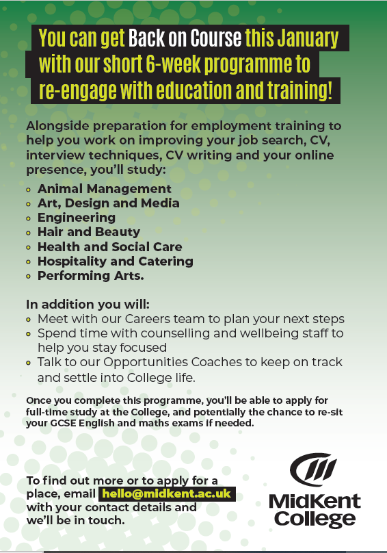 MidKentCollege's tweet photo. 👋We've a range of short 6 week programmes starting this January for anyone aged 16-18 who is not currently in education or training.
Email us at hello@midkent.ac.uk and we'll help you or your young person get #backoncourse! 😊 https://t.co/FGBEIuCFTT