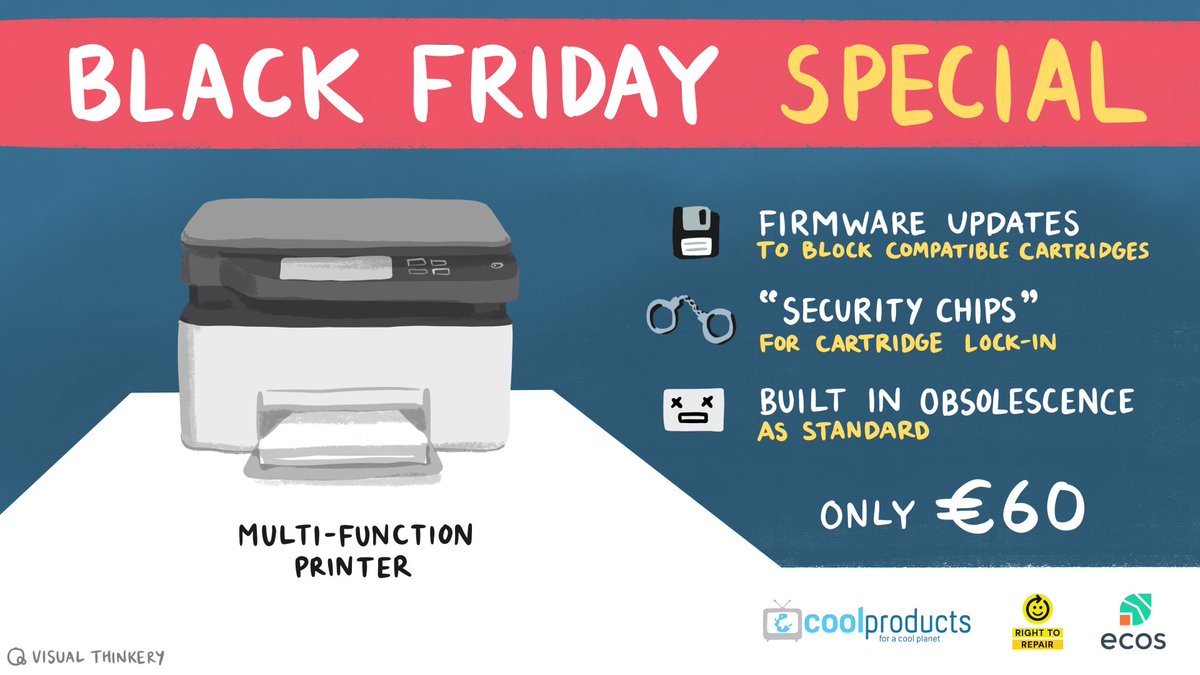 CoolproductsEU's tweet photo. 🖨️🗑️Printers and related consumables are to blame for more than 200,000 tonnes of e-waste incinerated or landfilled every year
As many as 150,000 cars🤯
EU, time to end the #PlannedObsolescence in printers.
#LongLiveThePrinter
https://t.co/WbQnk41GJm https://t.co/adtriwwwW6