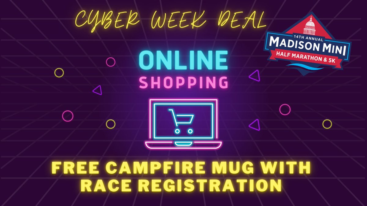 DON'T MISS THIS CYBER DEAL!!!
FREE CAMPFIRE MUG when you register for the Madison Mini Marathon or 5K on July 23, 2022!
👟Race Protection Program- Race with Ease of Mind
👟Mini Marathon- $69.99
👟5K $30.00  
DEAL ENDS 11:59CST 11/29/21
Register TODAY- buff.ly/34Kb0Z1