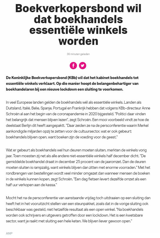 Zojuist bij ANP herhaalde oproep: Koninklijke Boekverkopersbond wil dat boekhandels essentiële winkels worden! @boekbond #steunjeboekhandel #koopslimkoopoptijd