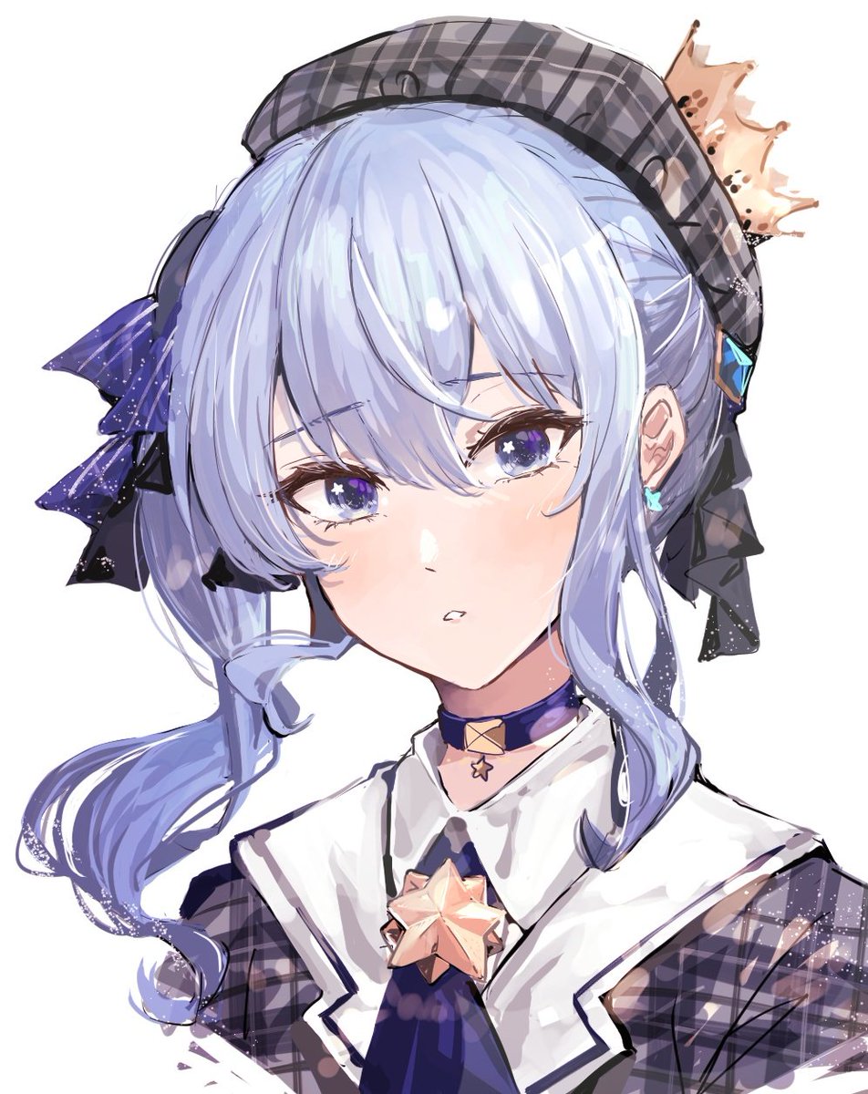 hoshimachi suisei 1girl solo blue hair plaid headwear hat blue eyes side ponytail  illustration images