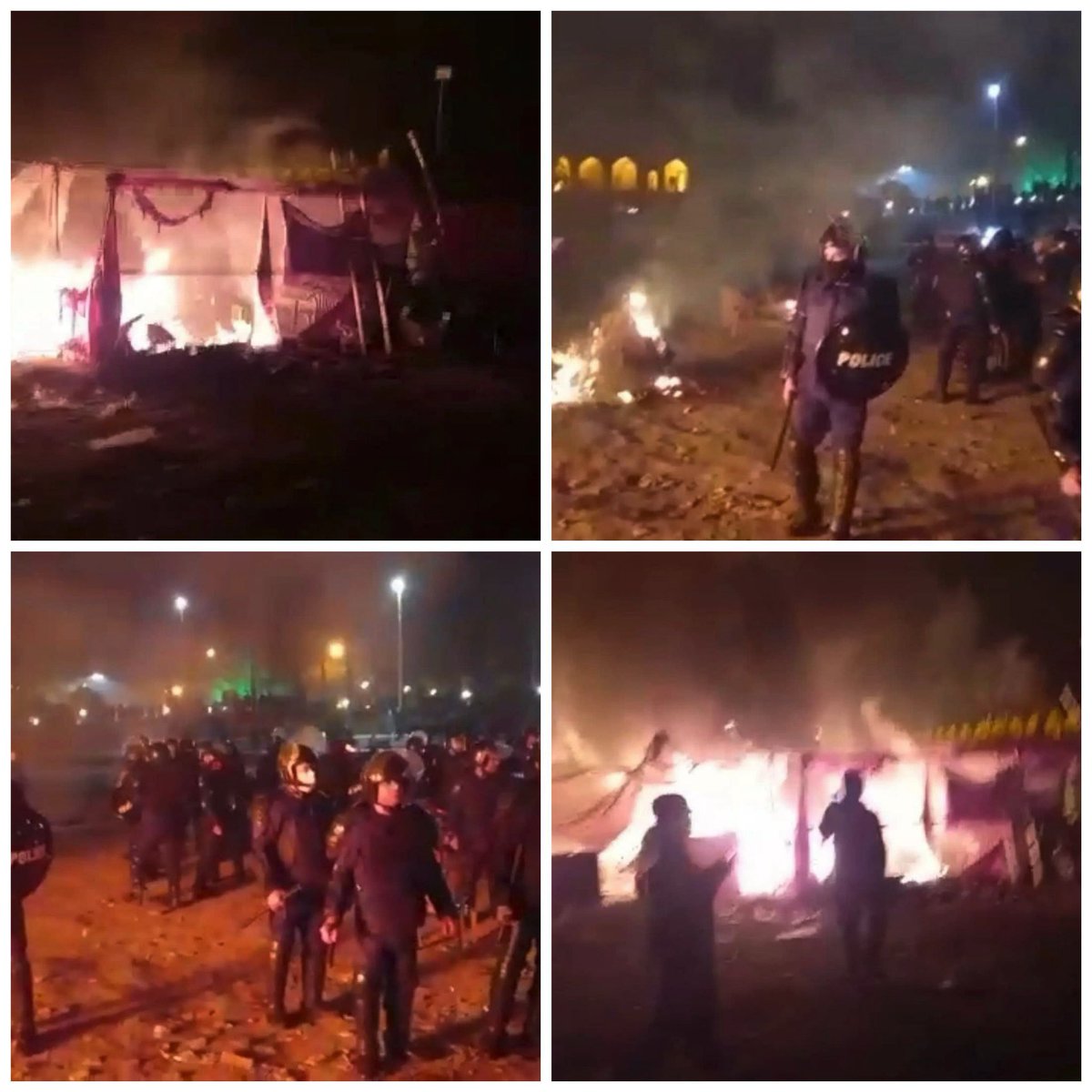 Taheri_Movement's tweet photo. Iranian Security Forces Set Protesters' Tents On Fire In 'Clean-Up' Operation In Isfahan
The protest site in the dry river bed in Isfahan is cleaned up on November 25.
#Iran's police burning the #waterprotesters' tents in #Esfahan.
#Zayanderud https://t.co/cMjsezYVhp