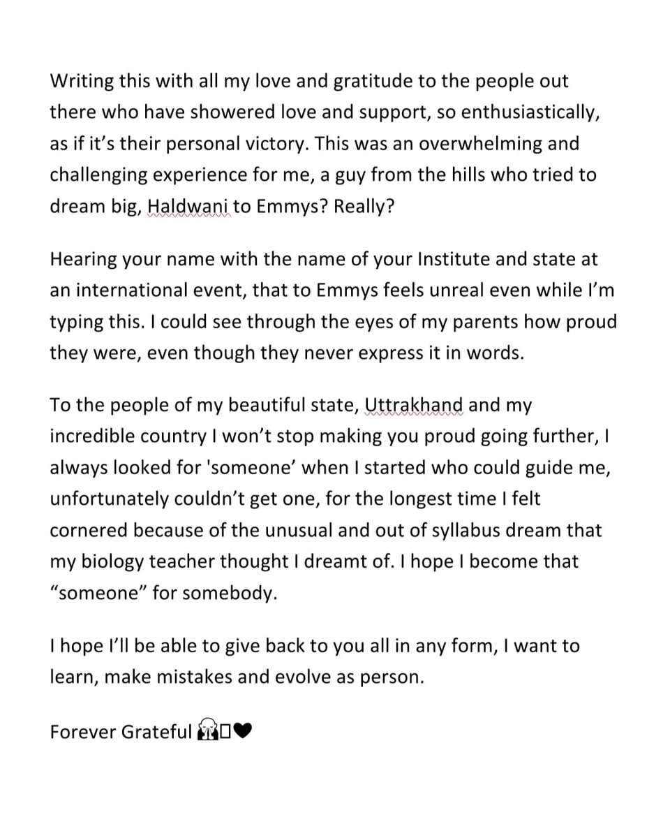 Thank you for showering so much love, you embraced me, my work and I hope I'll be able to repay it in any form. ❤

#EMMYS2021 #VirDas #VirDasForIndia #InternationalEmmyAwards2021 #NIFT #Haldwani #uttrakhand