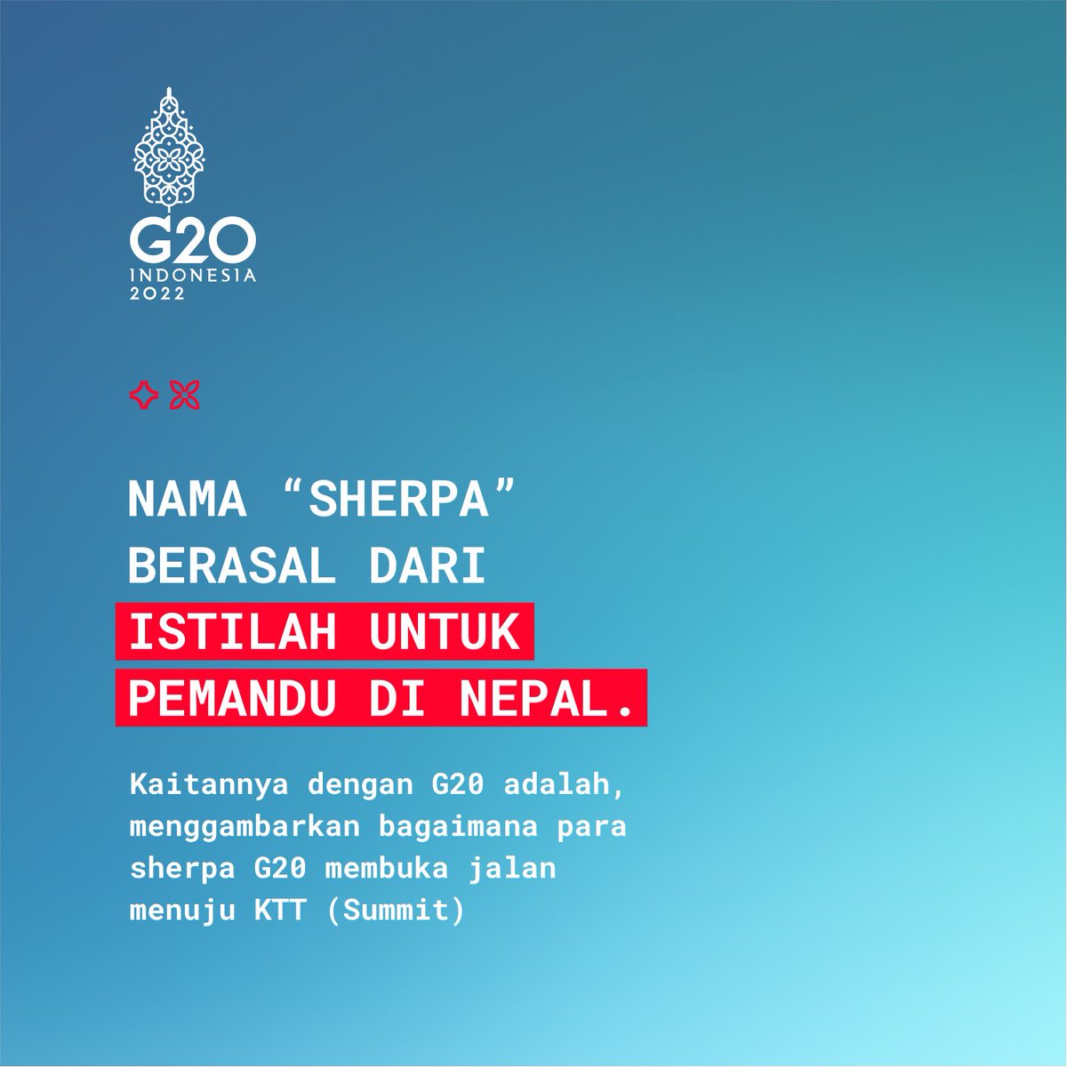 Indonesia_G20's tweet photo. G20 meliputi 2 kelompok pembahsan yaitu Finance Track (isu keuangan) dan Sherpa Track (isu non keuangan). Tapi, kenapa isu non keuangan disebut dengan istilah “SHERPA” ya?

Yuk cek informasi ini! 

Buat kamu yang sudah tau, absen dan reply tweet ini ya! https://t.co/79MHKxbCSY
