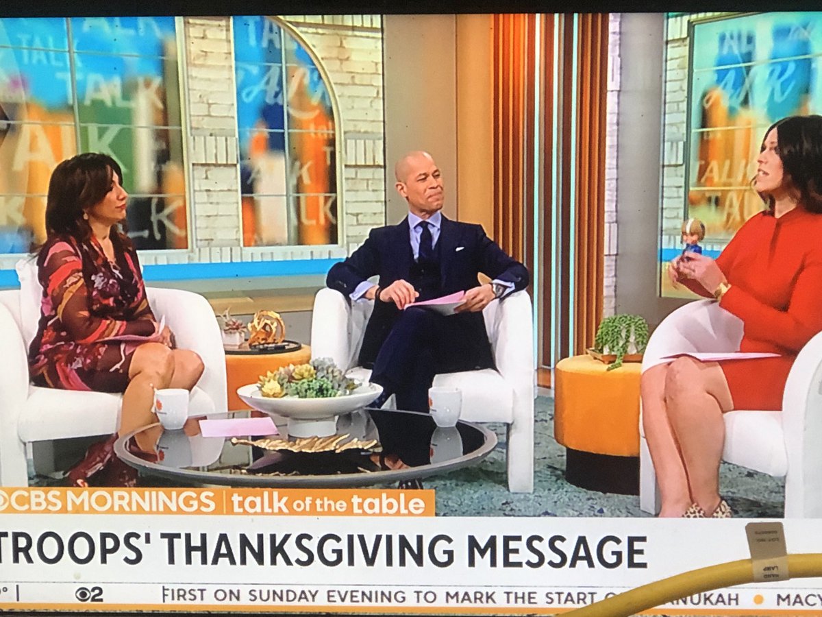 cabara's tweet photo. Happy #Thanksgiving, @vladduthiersCBS @CBSMMiller and @danajacobson! Thank you for working on the holiday to bring us the news! #talkofthetable @CBSMornings @CBSNews https://t.co/nSCwv8mnr9