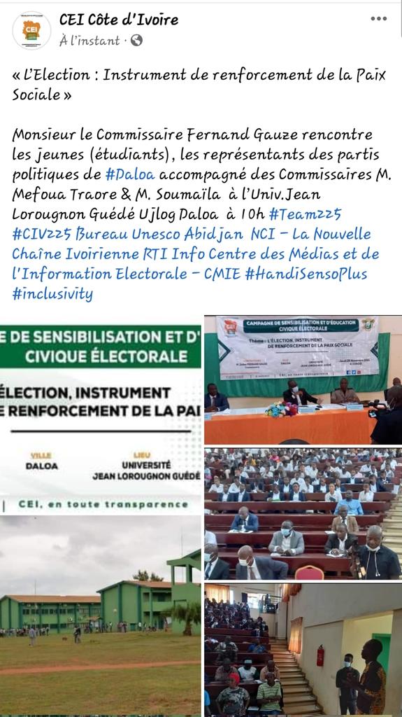 L'Élection : Instrument de Renforcement de la Paix Sociale #Daloa 

La #CEI va à la rencontre des populations à l'intérieur du pays.<a href="/Ujlog_Daloa/">Université Jean Lorougnon Guédé Officiel</a> @UnescoAbj <a href="/pnudcotedivoire/">PNUD CIV</a> <a href="/Indigo_CI/">Indigo Côte d'Ivoire</a> @ndi_ci16 @ONUCotedIvoire <a href="/aip_agencepress/">Agence ivoirienne de presse</a>
 
CEI, en toute Transparence
m.facebook.com/story.php?stor…